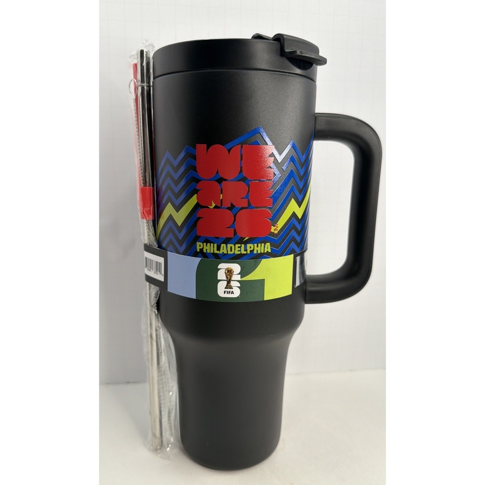 FIFA World Cup 2026 40oz Stainless Steel Tumbler Black Handle Straw Official New